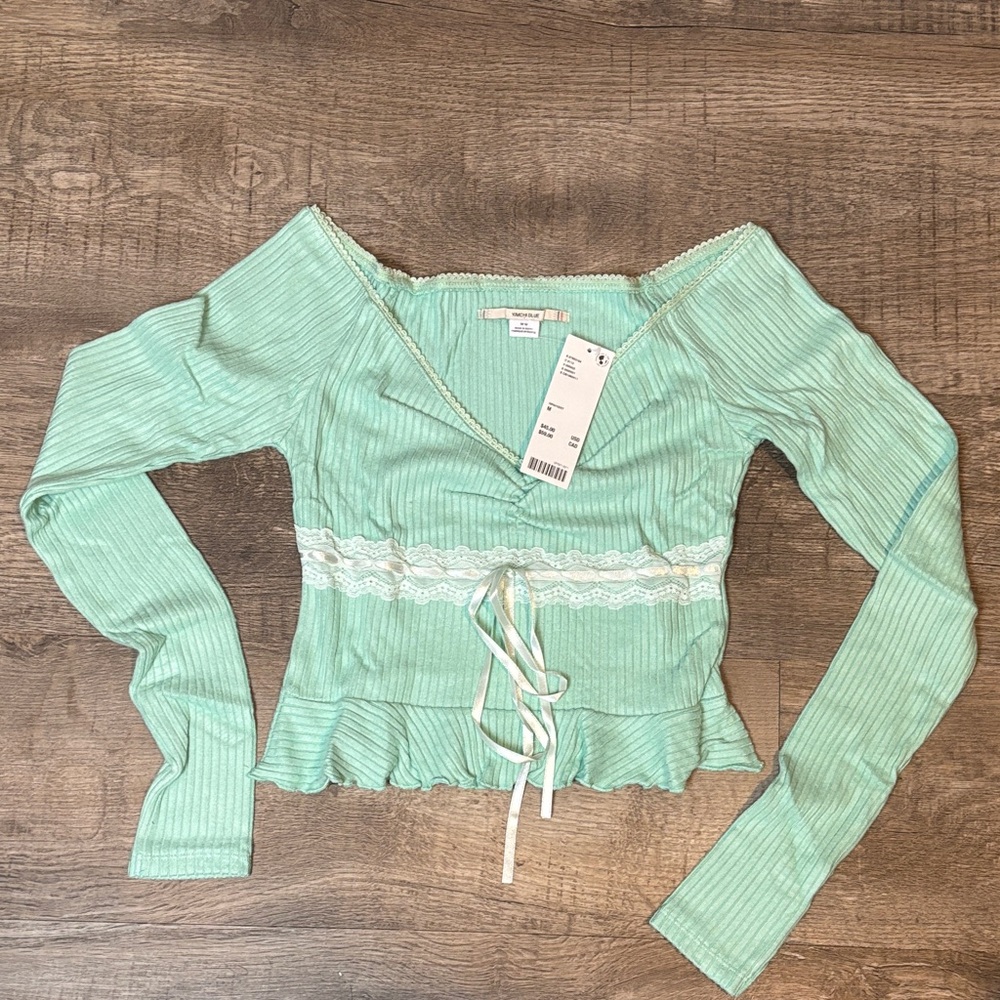 Urban Outfitters Mint Green Ribbed Long Sleeve Top Medium New